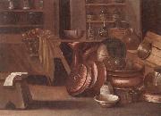 unknow artist A Kitchen still life of utensils and fruit in a basket,shelves with wine caskets beyond Spain oil painting reproduction